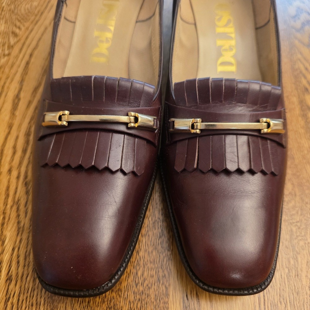 DeLiso Vintage Womens 9.5 AAA Leather Kiltie Loafer Block Heel Pumps Gold Bit